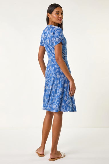 Roman Blue Floral Print Ring Detail Midi Dress