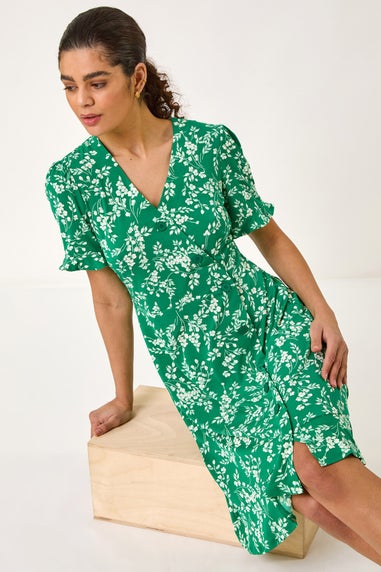 Roman Green Ditsy Floral Side Button Stretch Dress