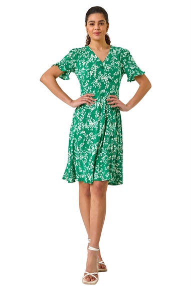 Roman Green Ditsy Floral Side Button Stretch Dress