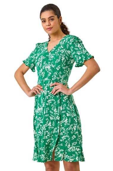 Roman Green Ditsy Floral Side Button Stretch Dress