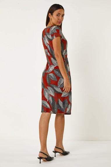 Roman Rust Stretch Leaf Print Gathered Shift Dress