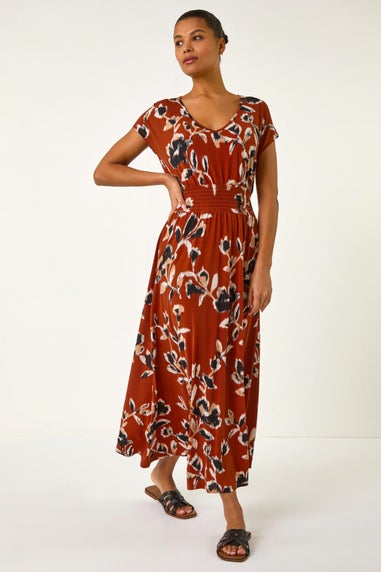 Roman Rust Abstract Stretch Ruched Waist Maxi Dress