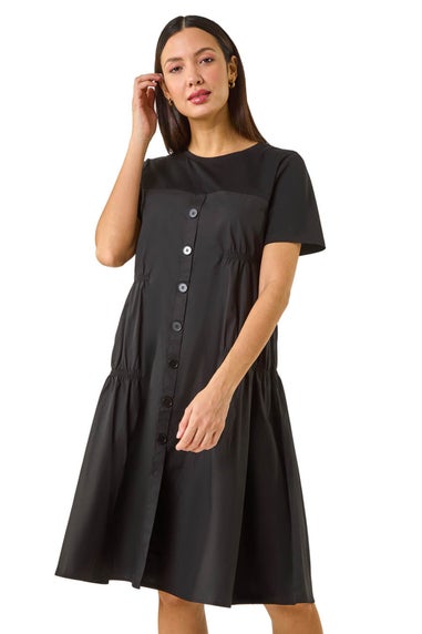 Roman Black Gathered Mix Smock Dress