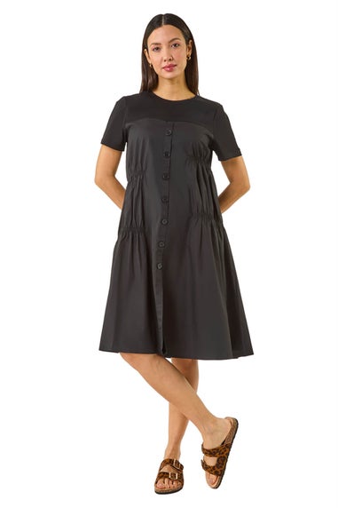 Roman Black Gathered Mix Smock Dress