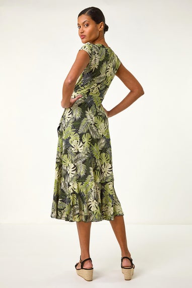 Roman Khaki Floral Stretch Midi Wrap Dress