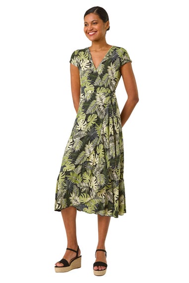 Roman Khaki Floral Stretch Midi Wrap Dress