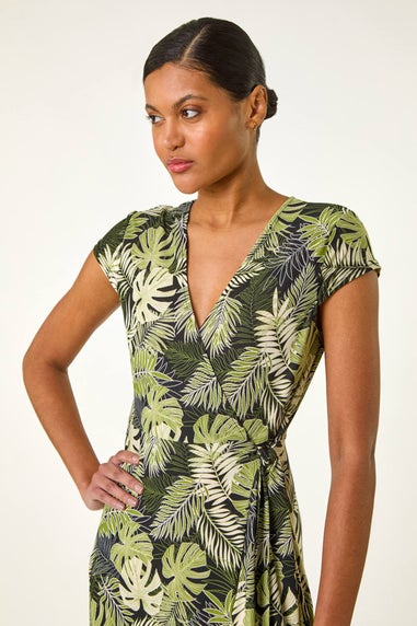 Roman Khaki Floral Stretch Midi Wrap Dress