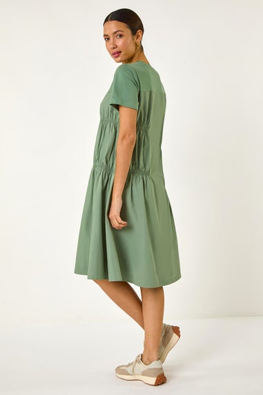 Roman Sage Gathered Cotton Stretch Smock Dress