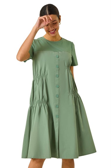 Roman Sage Gathered Cotton Stretch Smock Dress