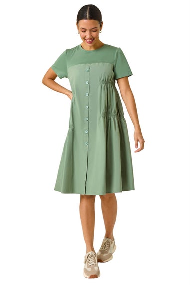 Roman Sage Gathered Cotton Stretch Smock Dress