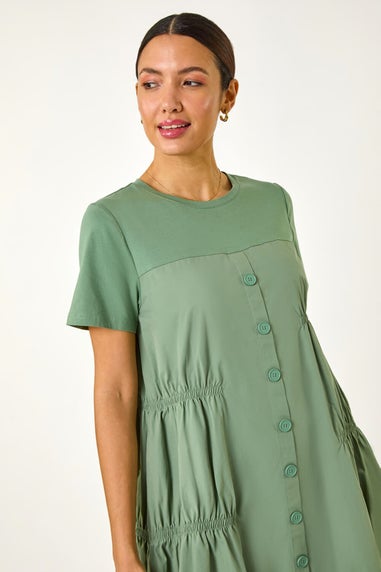 Roman Sage Gathered Cotton Stretch Smock Dress