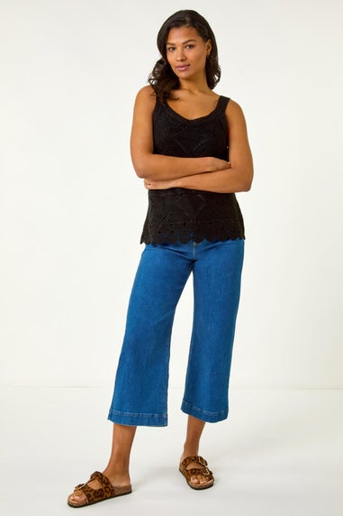 Roman Black Cotton Crochet Knit Vest Top