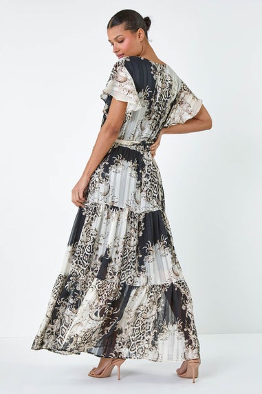 Roman Brown Animal Print Shimmer Tiered Maxi Dress