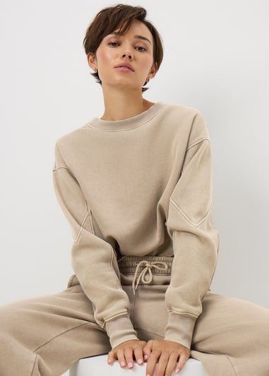 Brown Acid Wash Rib Wide Leg Jogging Bottoms