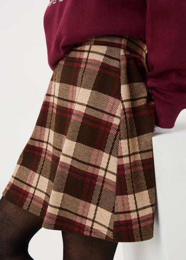 Burgundy Check Flare Mini Skirt