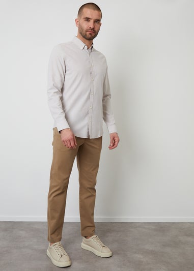 Threadbare Stone Oxford Cotton Slim Fit Long Sleeve Shirt