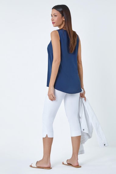 Roman Navy V Neck Sleeveless Pleat Chiffon Vest Top