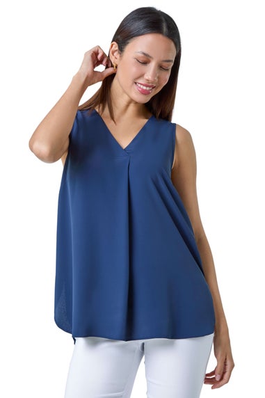 Roman Navy V Neck Sleeveless Pleat Chiffon Vest Top