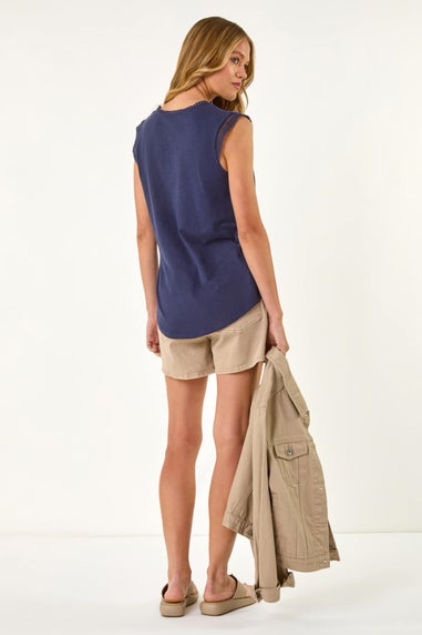 Roman Navy Lace Trim Tie V Neck Top