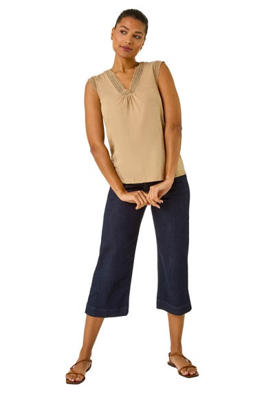 Roman Stone Lace Trim Tie V Neck Top