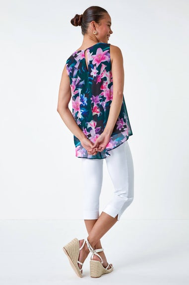 Roman Navy Petite Sleeveless Floral Print Top