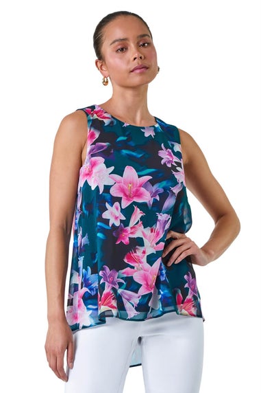 Roman Navy Petite Sleeveless Floral Print Top