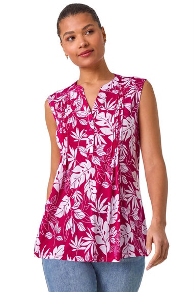 Roman Magenta Textured Leaf Print Vest Top