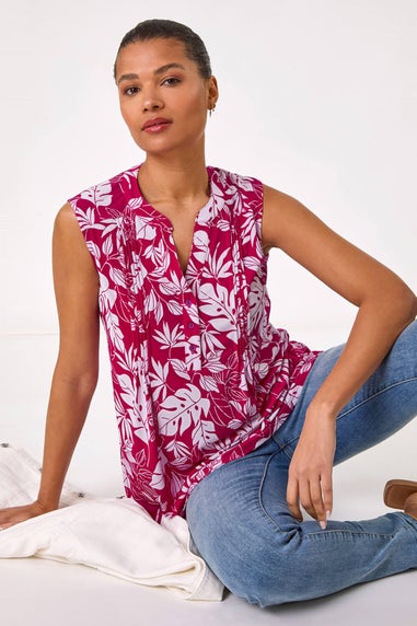 Roman Magenta Textured Leaf Print Vest Top