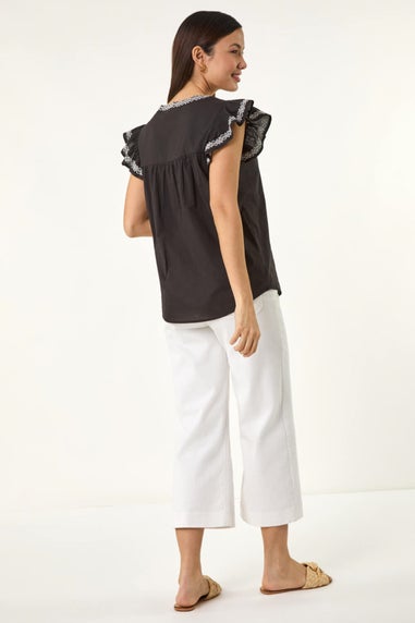 Roman Black Embroidered Tie Front Top