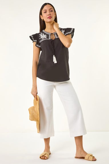 Roman Black Embroidered Tie Front Top