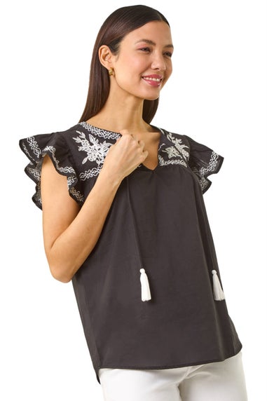 Roman Black Embroidered Tie Front Top