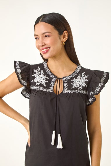 Roman Black Embroidered Tie Front Top