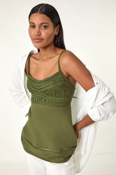 Roman Khaki Crochet V Neck Cami Top