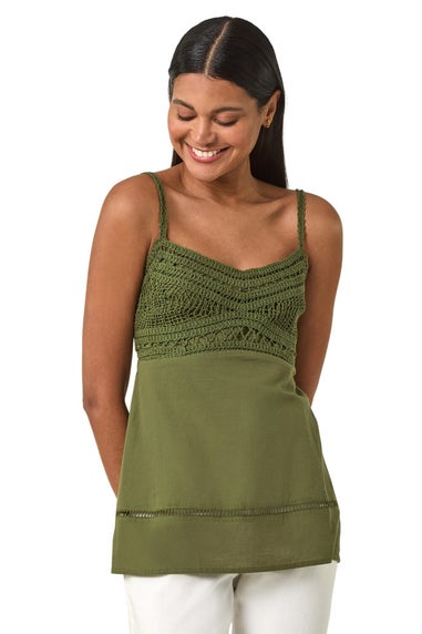 Roman Khaki Crochet V Neck Cami Top