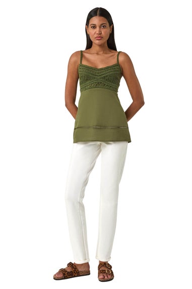 Roman Khaki Crochet V Neck Cami Top
