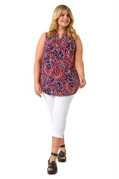 Roman Red Curve Textured Leaf Print Vest Top
