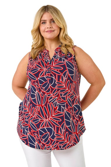 Roman Red Curve Textured Leaf Print Vest Top