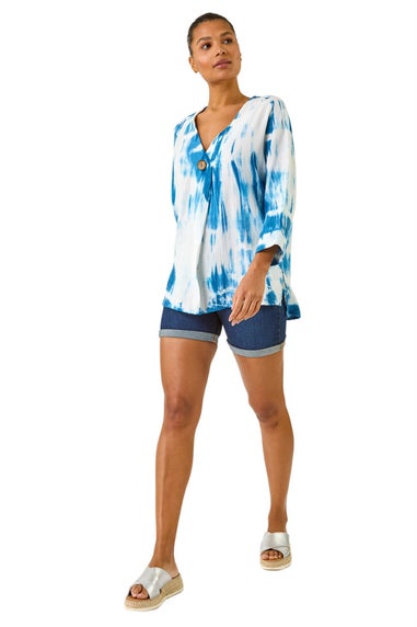 Roman Blue Tie Dye Print V Neck Tunic Top