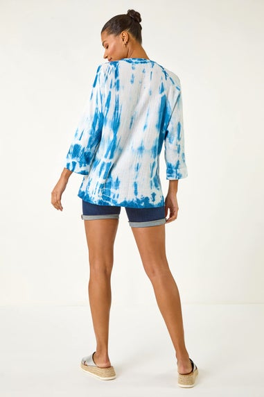 Roman Blue Tie Dye Print V Neck Tunic Top