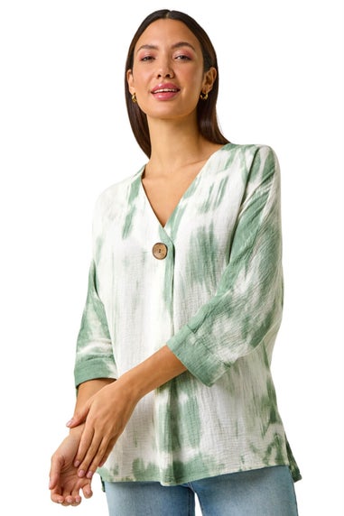 Roman Sage Tie Dye Print V Neck Tunic Top