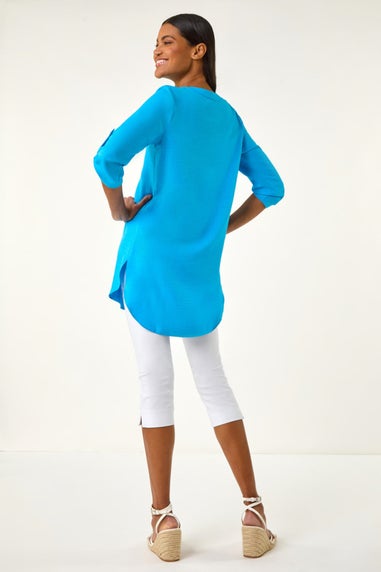 Roman Blue V Neck Button Detail Top