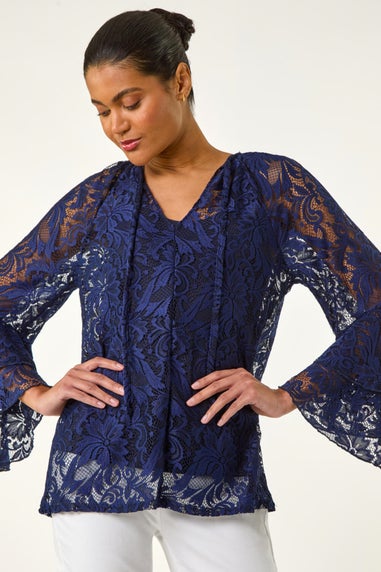 Roman Blue Tie Neck Lace Detail Top