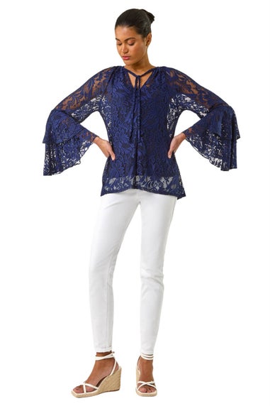 Roman Blue Tie Neck Lace Detail Top