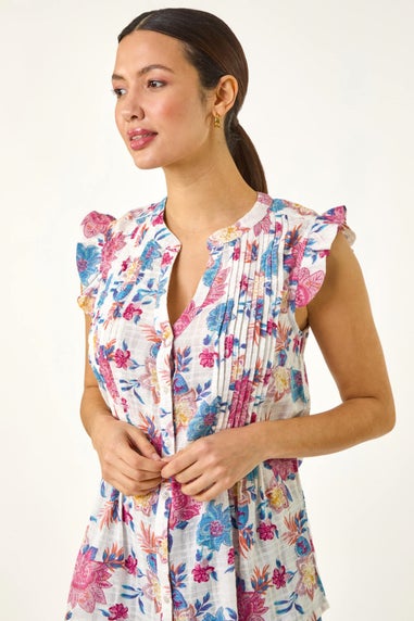 Roman Pink Floral Print Pintuck Frill Blouse