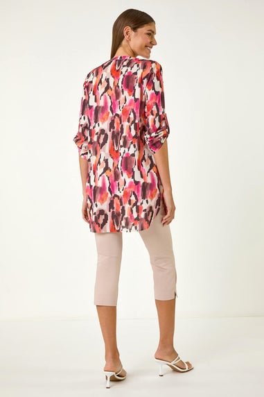 Roman Orange Abstract Print V Neck Button Top