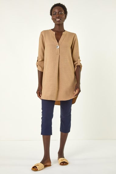Roman Camel Horn Button Detail Longline Top