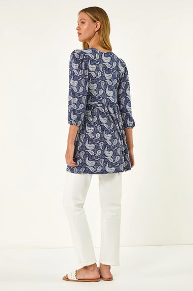 Roman Navy Paisley Print V Neck Stretch Top