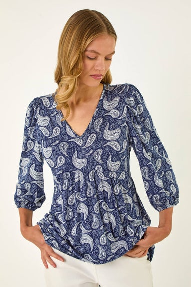 Roman Navy Paisley Print V Neck Stretch Top