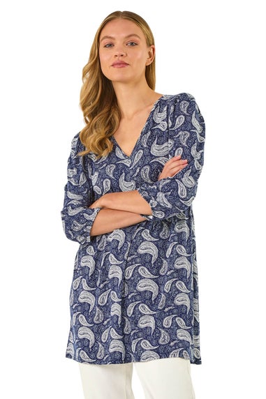 Roman Navy Paisley Print V Neck Stretch Top