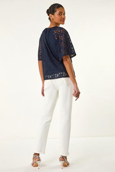 Roman Navy Lace Angel Sleeve Top